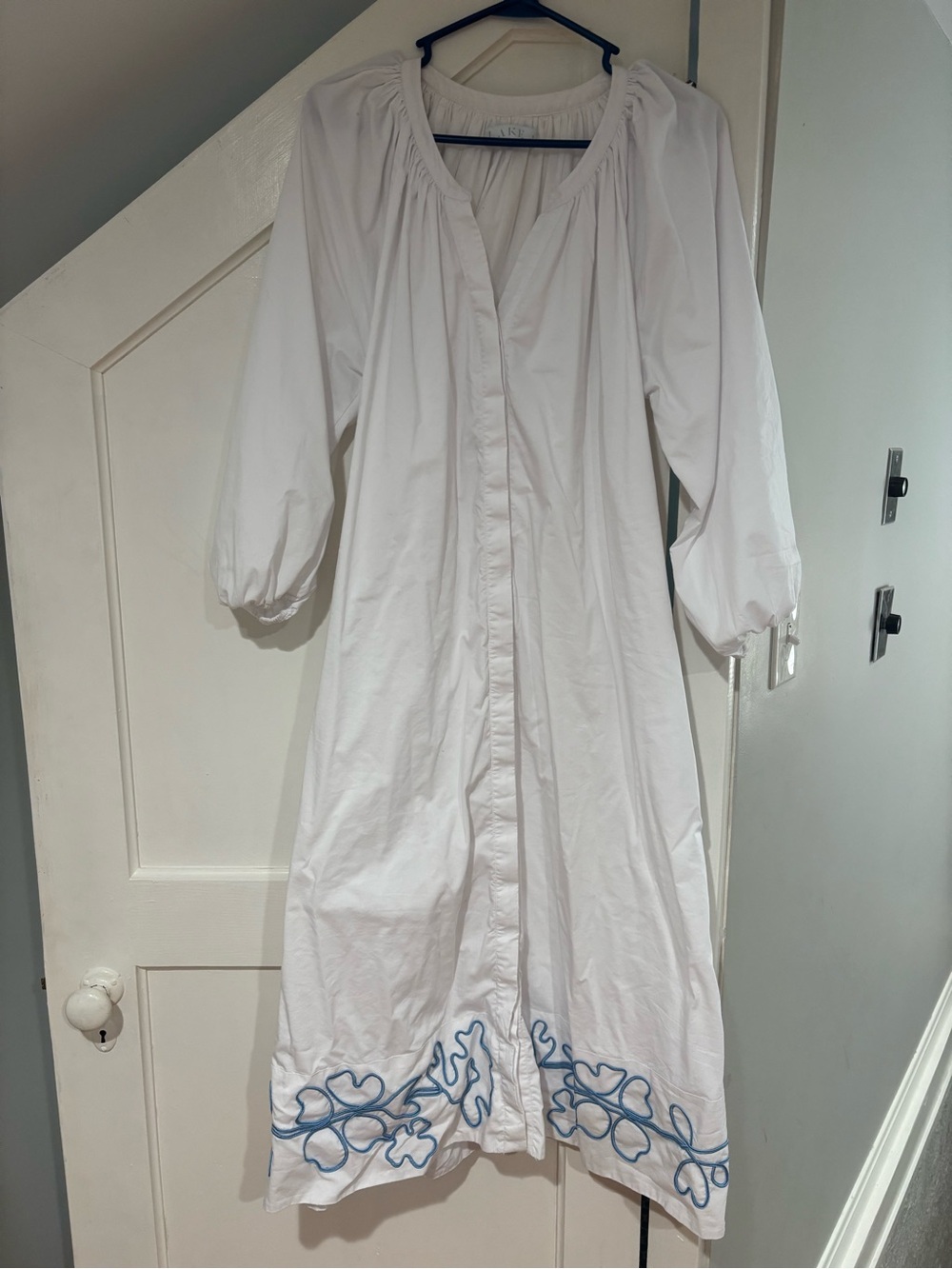White Maxi Dress with Blue Embroidered Hem - Brand Unspecified